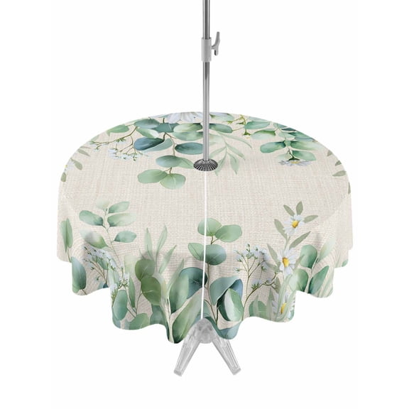 Outdoor Tablecloth with Umbrella Hole for Patio/Picnic/Party/Camping, Green Eucalyptus Leaves Waterproof Table Cloth Round Cover Washable, Spring Daily Flowers Botanical Linen (Dia 60")