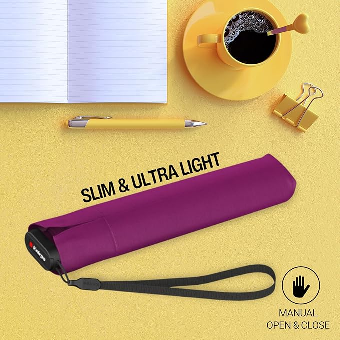 Knirps US.050 Ultra Light Pocket Size Manual Rain Umbrella in Berry – 4oz Portable Travel Umbrellas with 35" Quick Dry Canopy, Windproof up to 62mph, Matching Quick Dry Protective Cover Included