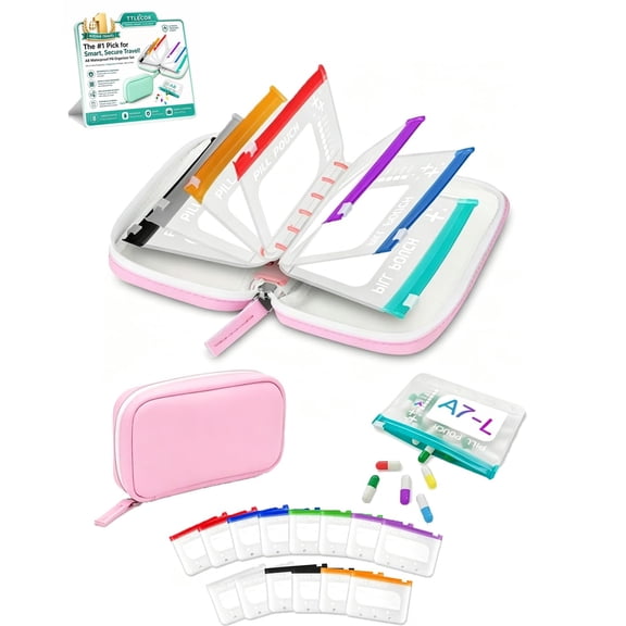 Waterproof Pill Pouch Set, 14 Day Pill Organizer, Travel Portable Pill Organizers, Clear Color-Coded Pill Pouches for Travel, Waterproof Pill Pouch with Labels for Purse Daily Travel Use