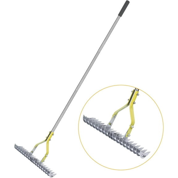 Thatching Rake 15-Inch Wide for Cleaning Dead Grass Efficient Steel Metal Grass Rake with Stainless Steel Handle Lawn loosening Soil 58.5-Inch Length
