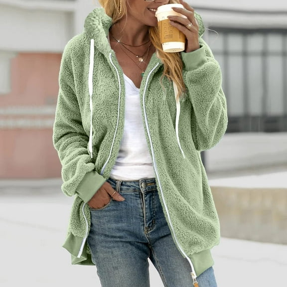 BVOFAR Women's Fleece Jackets Winter Warm Sherpa Lined Zip Up Jacket Plus Size Drawstring Hooded Coats Thermal Travel Outwear