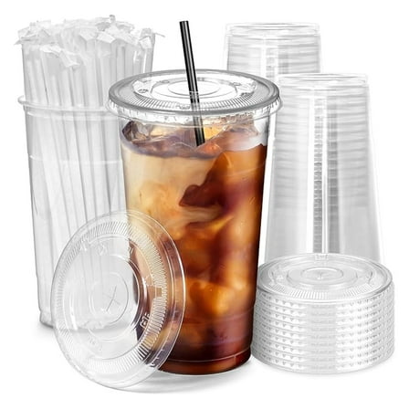 300 Pack 32 oz Plastic Iced Coffee Cups with Flat Lids and Black Straws, Disposable Clear Cup, BPA Free Cup for Party, Smoothie, Cold Drinks, Juice, Milkshake, Bubble Boba, Tea