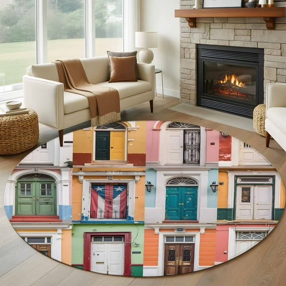 Puerto Rico Round Rug 5ft Washable Circle Kitchen Rugs Non Slip Vintage Boho Style Door Gates Large Area Rug Indoor Floor Carpet for Bedroom Living Room Home Office Dining Room Nursery