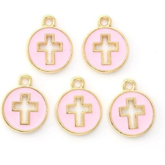 10Pcs Alloy Enamel Cross Pendants Flat Round with Cross Pendant Charm Pearl Pink Jewelry Findings for Women Birthday Festival Elegant Gifts Personalized Jewelry 15x12x1.5mm Hole: 1.6mm