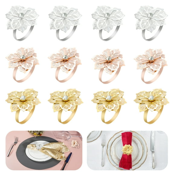 12 PCS Flower Napkin Rings, Hollow Out Design Napkin Holder Floral Rhinestone Serviette Buckles for Wedding Party Banquet Thanksgiving Halloween Dinner Table Decor and Daily Use