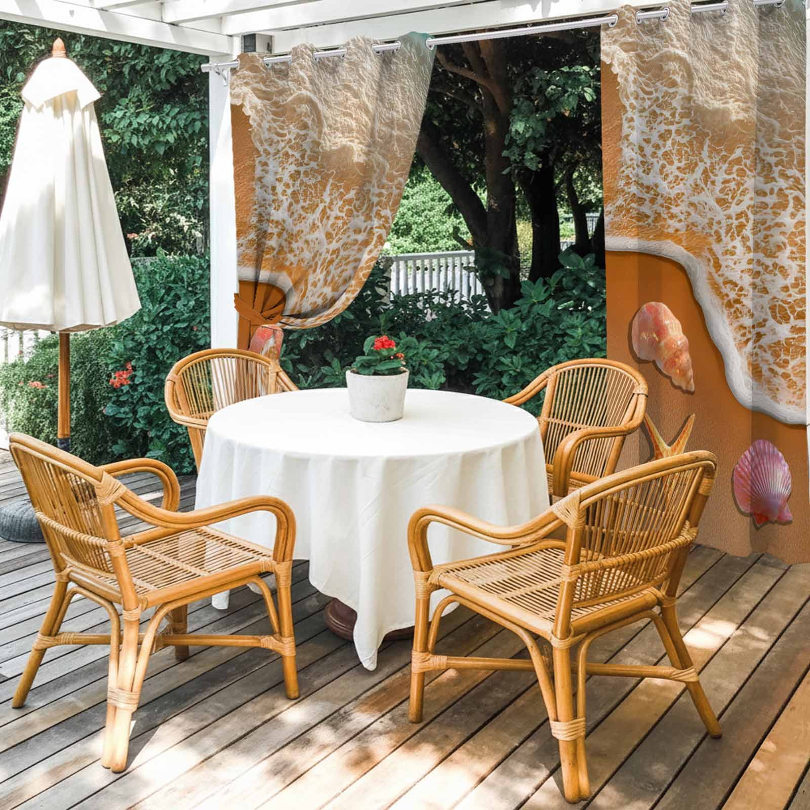 Summer Beach Outdoor Curtains for Patio, Ocean Waves Starfish Shell Conch Coastal Sunshade Privacy Drapes Grommet Waterproof Outside Curtains for Porch/Cabana/Balcony 54"x 108", 1 Panel