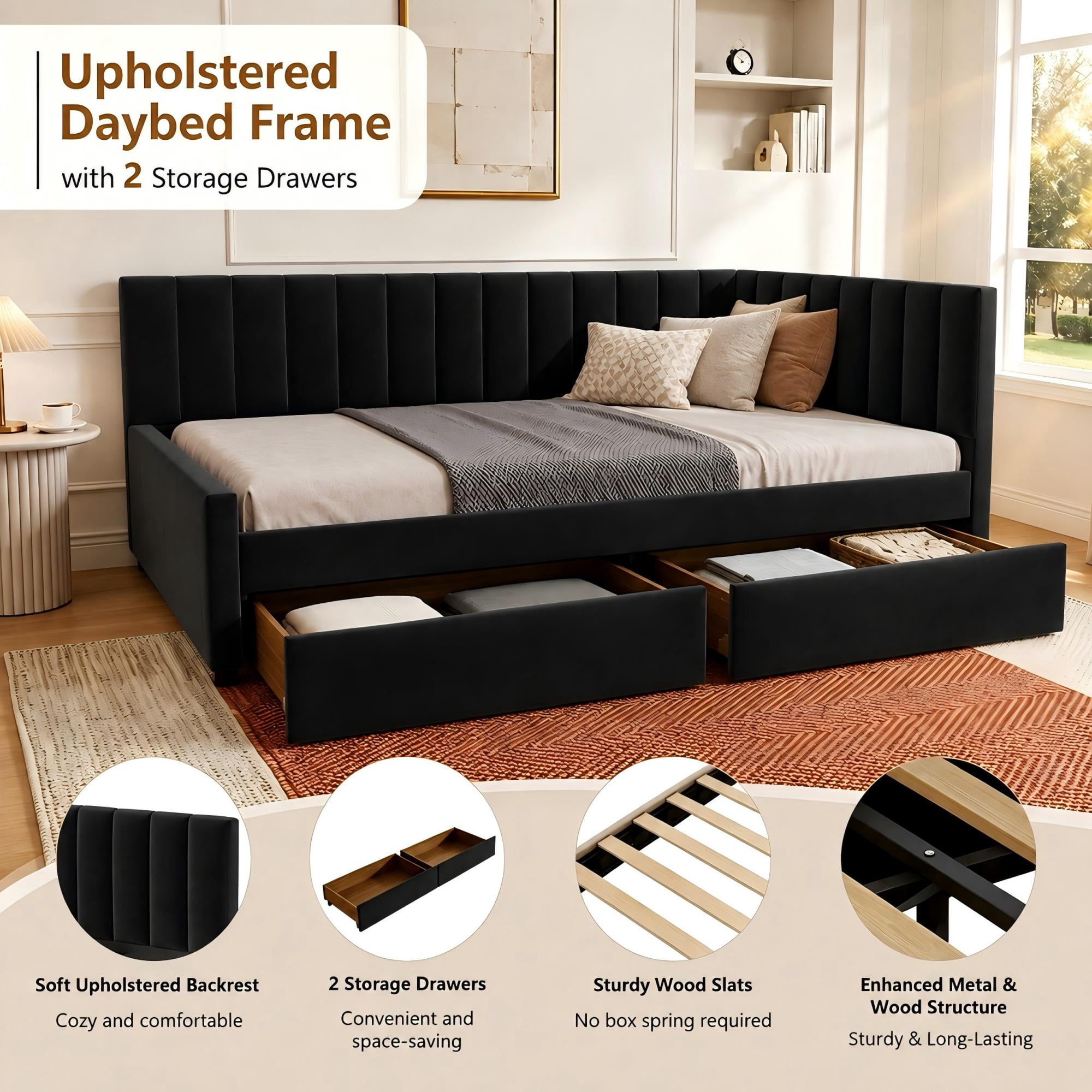 Aukfa Queen Size Upholstered Daybed with 2 Storage Drawers, L-Shaped Channel-Tufted Headboard, Black
