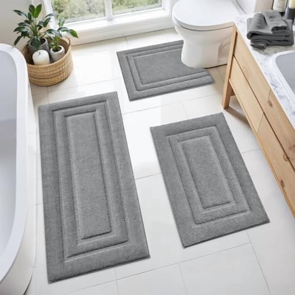 Beiled 3-Piece Bathroom Rug Set - Non-Slip, Soft, Absorbent Bath Mats for Tub, Shower & Toilet, Grey
