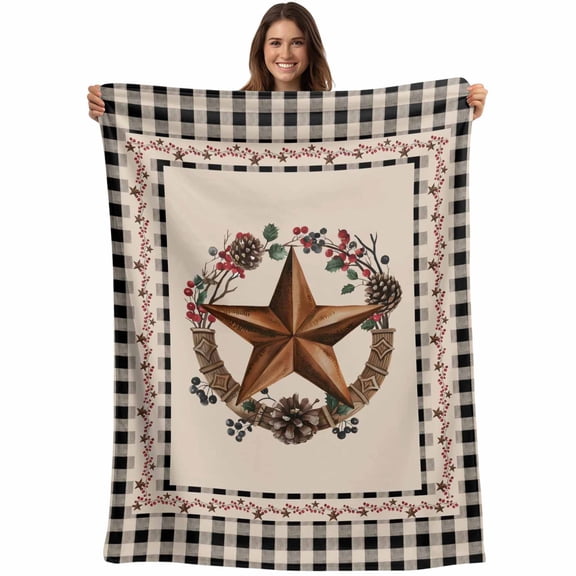Farmhouse Blanket Soft Cozy Warm Throw Blanket for Couch, Plush Fuzzy Flannel Fleece Blankets for Sofa, Country Star Berry Plaid Lodge Grey Brown Bed Blankets Lightweight Gifts for Women, 30"x40"