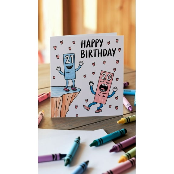 Funny Birthday Card for 21st Birthday – Whimsical Characters on "Happy Birthday" Design – Includes Envelope, Blank Inside for Personal Touches