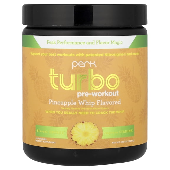 Perk Turbo Pre-Workout Powder (Pineapple) 20 Servings - 125mg of Caffeine with Citrulline Malate 2:1 & Beta Alanine, Formulated with Nitrosigine