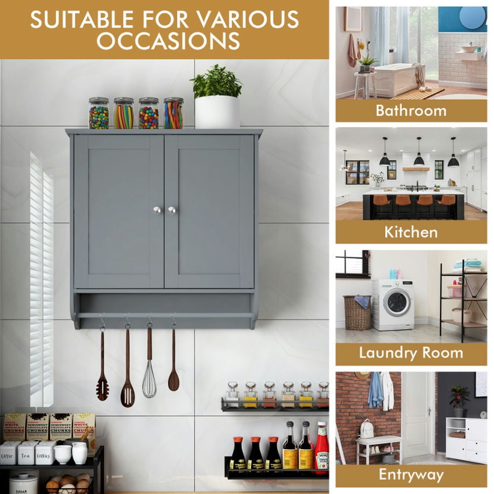 Finihen Wall Cabinet, Wall Mounted Bathroom Cabinet, Medicine Cabinet, Wall Mounted Bathroom Storage Medicine Cabinet with Towel Bar, for Kitchen Entryway Bathroom, Gray