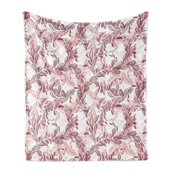 Floral Soft Flannel Fleece Blanket, Romantic Nature Scroll Style Pattern with Hand Drawn Leaves and Petals, Cozy Plush for Indoor and Outdoor Use, 60" x 80", Maroon Coral and White, by Ambesonne