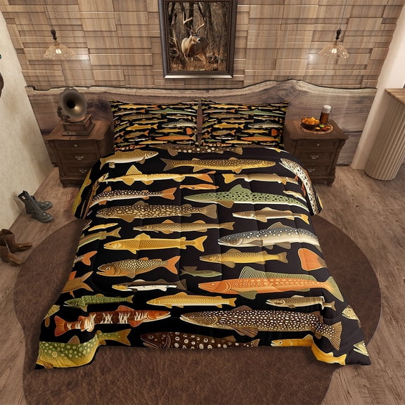 Erosebridal Rustic Bass Fish Comforter Set Queen Fishing Pike Fish Bedding Set Adults Men Fisherman,Fishing And Hunting Bedding Comforter Sets Farmhouse Country Quilt Duvet