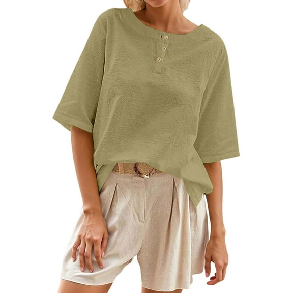 Casual Women's T Shirts Classic Round Neck With Button Detail Short Sleeve Comfortable Everyday Wear For Spring And Summer for Women Shirt Light Women Compression Shirts Long Sleeve Shirt for Women
