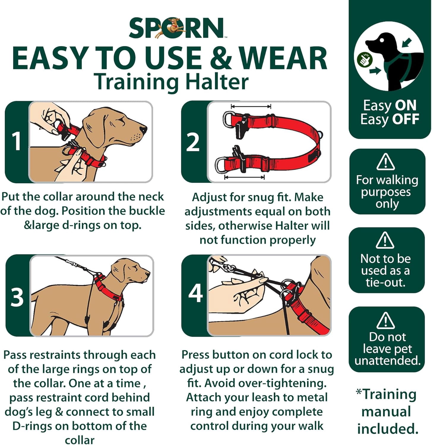 Sporn Training Dog Halter for Large Dogs, No Pull Adjustable Reflective Halter Harness, Red, 16–24" Neck