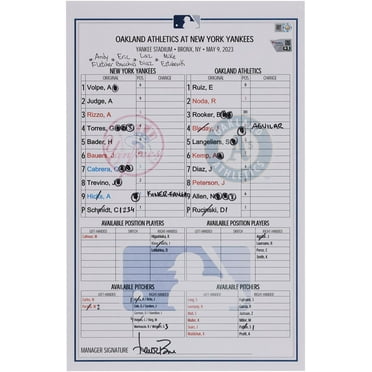New York Yankees Game-Used Lineup Card vs. Oakland Athletics on May 9, 2023 - Fanatics Authentic Certified