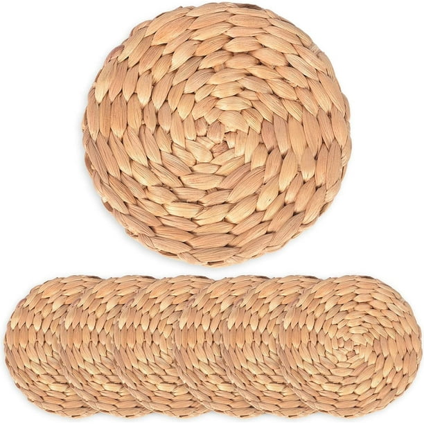Juego de 4 manteles individuales de jacinto de agua natural, redondos y trenzados de mimbre natural, de ratán con tejido de paja de 10 cm, resistentes al calor, antideslizantes, hechos a mano para