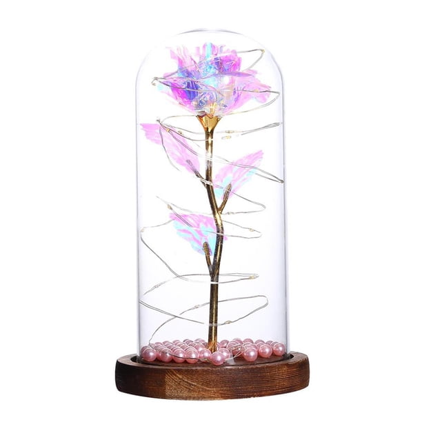 Bewildely 24k Lámina de oro Flor de rosa con pantalla de cristal de perla Lámpara decorativa Decoración Día de San Valentín LED Flor de rosa Día de Almacenamiento y organización del hogar Bewildely HA023718-00