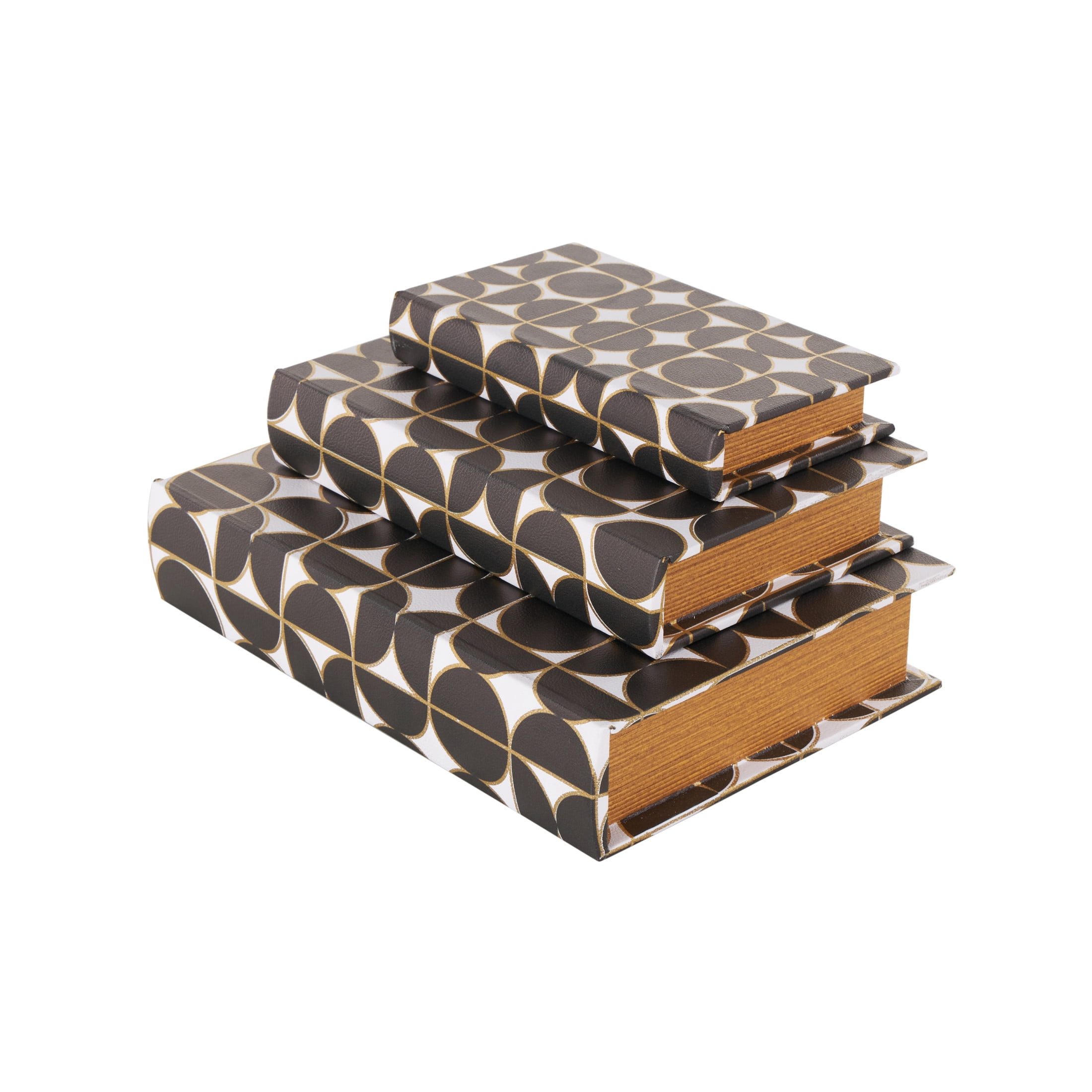 DecMode Faux Book Storage Black Faux Leather Decorative Box with Circle and Semi-Circle Pattern, 3 Count