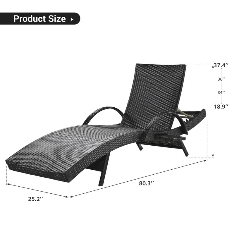Patio Wicker Chaise Lounge Chairs Set of 2, 5-Level Adjustable Backrest Rattan Pool Recliner Chair with Pull-out Side Table, Sunbathing Recliners