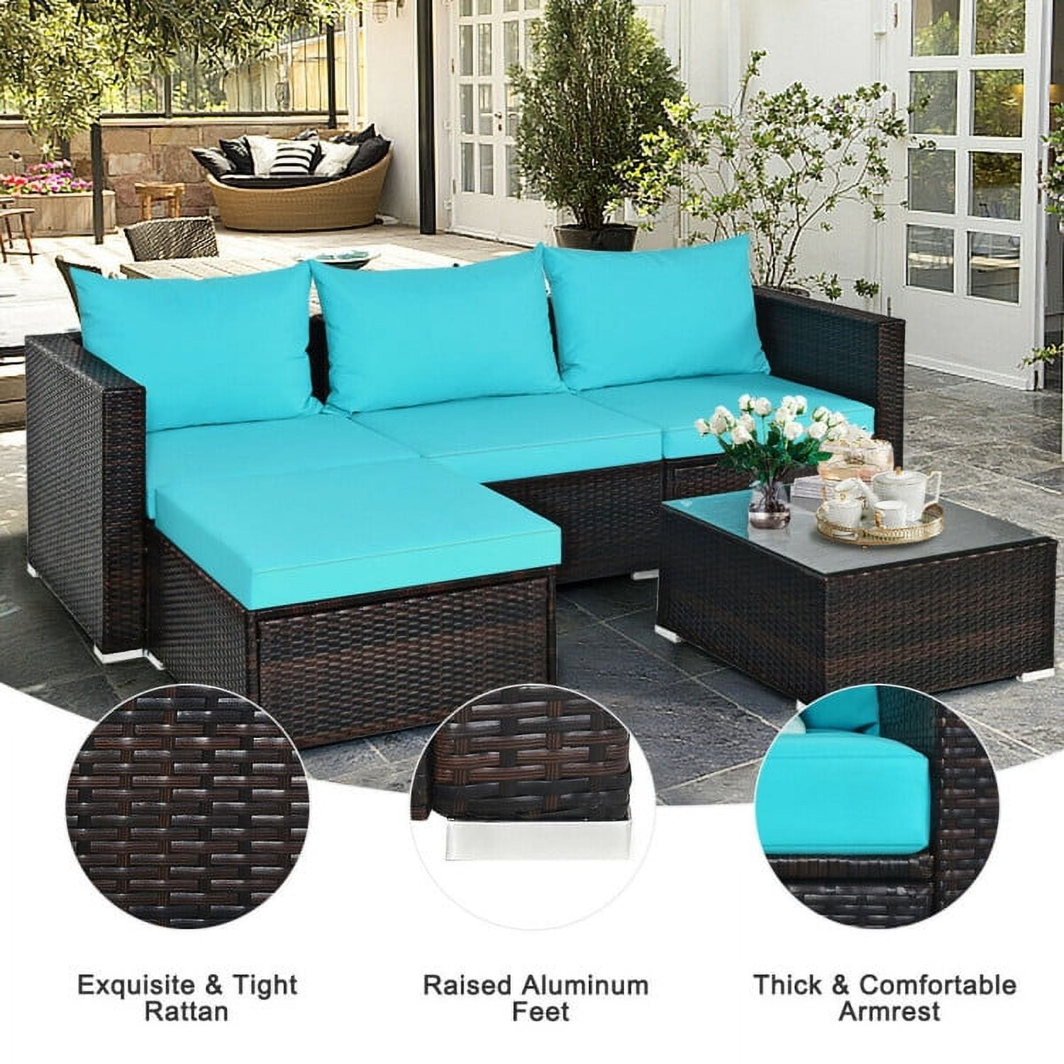 Aimee Lii 5 Pieces Patio Rattan Sectional Furniture Set with Cushions and Coffee Table, Outdoor Deck Furniture, Turquoise Aimee Lii 5 Pieces Patio Rattan Sectional Furniture Set with Cushions and Coffee Table, Outdoor Deck Furniture, Turquoise