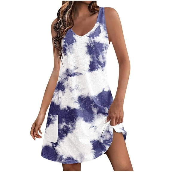 DeHolifer Dresses for Women Sleeveless V-Neck Tie-Dye Printed Maxi Beach Dress Sundress Loose Casual Maxi Dress with Pocket White M