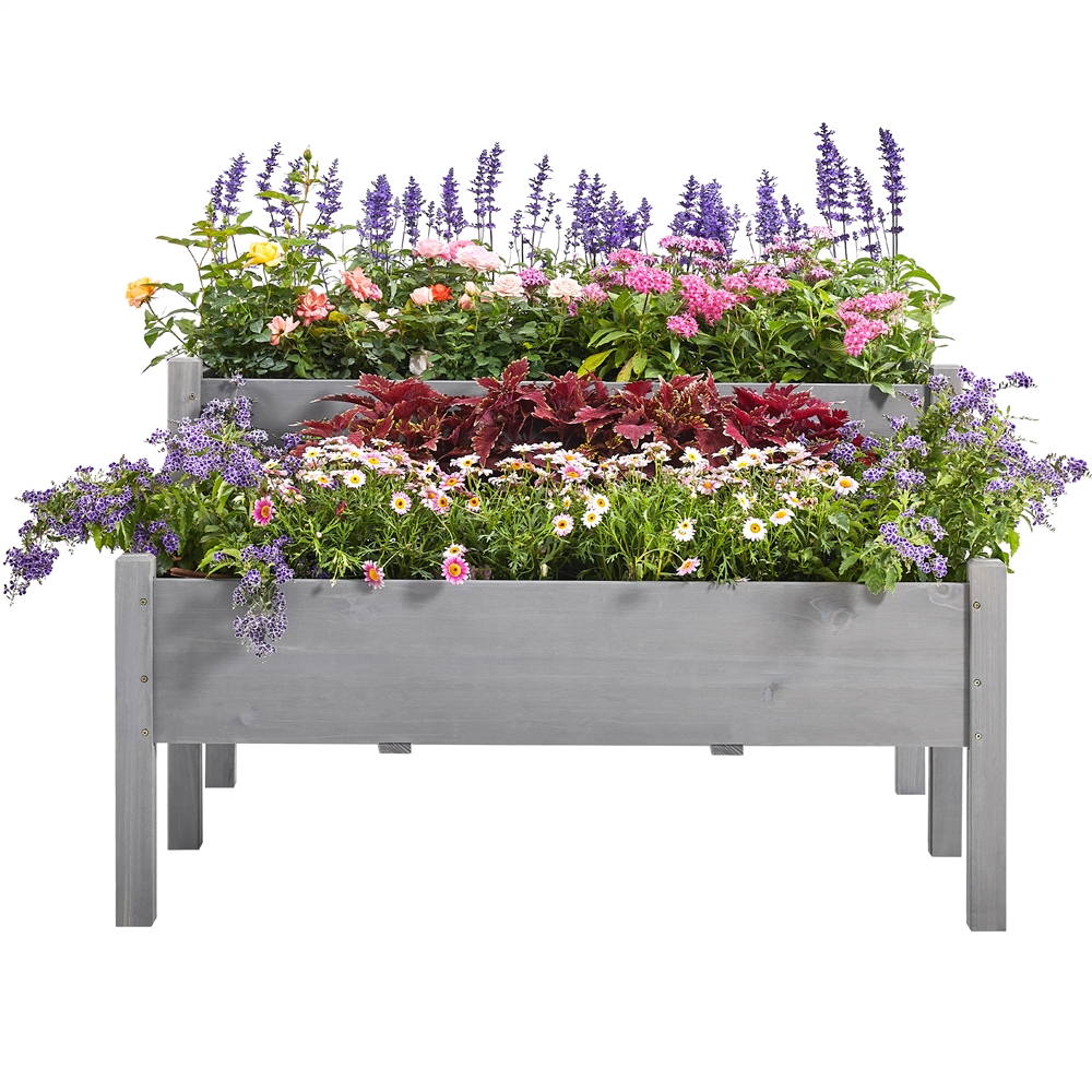 Yaheetech Raised Garden Bed 47″ x 41″ x 29.5″ Gray Wood 2-Tier Planter Box for Flowers Vegetables Herbs