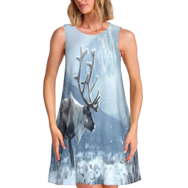 Easygdp Winter Reindeer In Snowy Mountains para Vestido Transpirable de Mujer, Vestido Suelto de Manga Corta con Pliegues y Bolsillos para el Verano