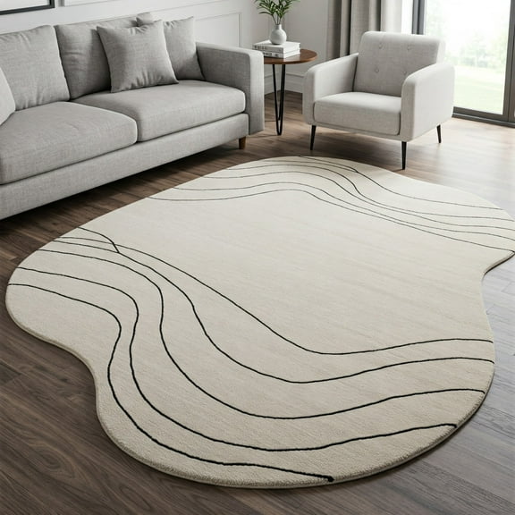 Modern Cream Irregular Shaped Area Rug – Hand-Tufted Abstract Lines Carpet for Living Room, Soft Neutral Floor Décor – Universal Carpets