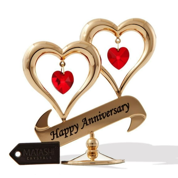 Matashi  Gold plated Red Crystal Happy Anniversary Double Heart Tabletop Ornament