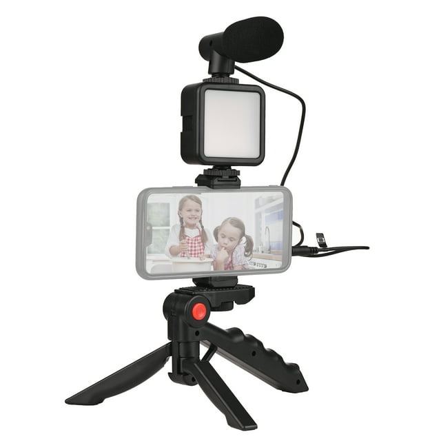 Kit de Vlog Smartphone Vlog Kit Mini LED Video Light + Micrófono cardioide + Clip de teléfono extensible + Trípode con brillo ajustable para Live Stream Vlog Video Shooting Video Conference Selfie Andoer-2 Kit de Vlog