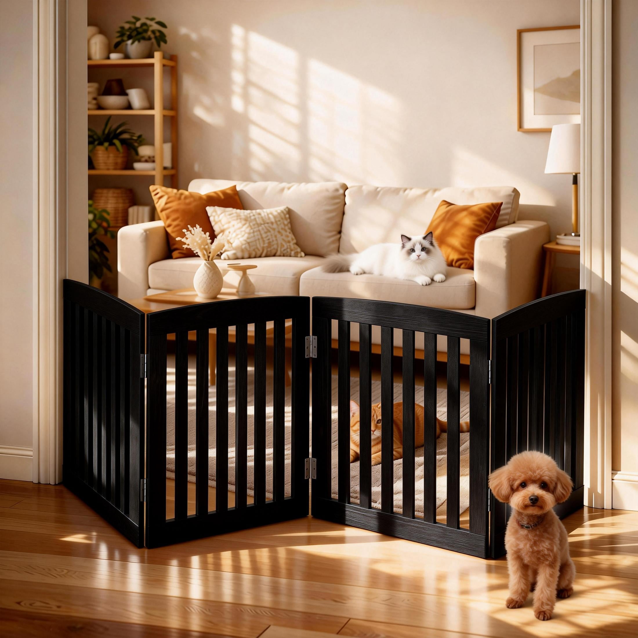EDX 24" Height-4 Panels Wooden Pet Gate for Dogs and Cats, Foldable Freestanding Dog Gate with Hinge Design, Indoor Portable Extra Wide Dog Fence Pet Barrier, For Doorways, Stairs, Black