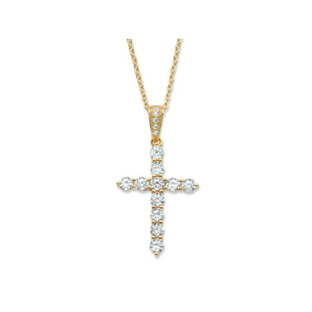 Round Cubic Zirconia Cross Pendant Necklace 1.14 TCW in 14k Gold over Sterling Silver 18