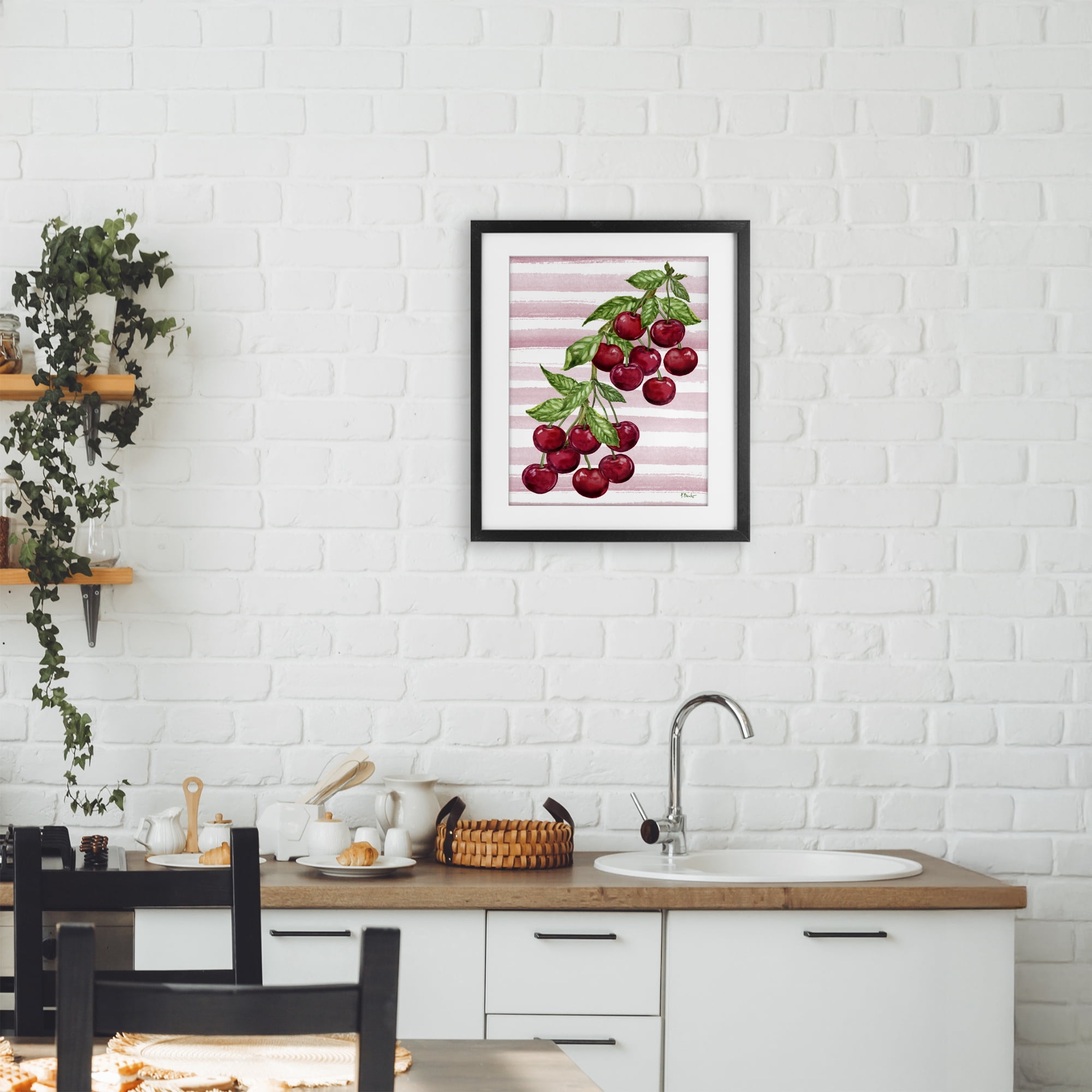 Stupell Industries Juicy Cherry Vine on Stripes Black Framed Print Under Glass, design by Paul Brent