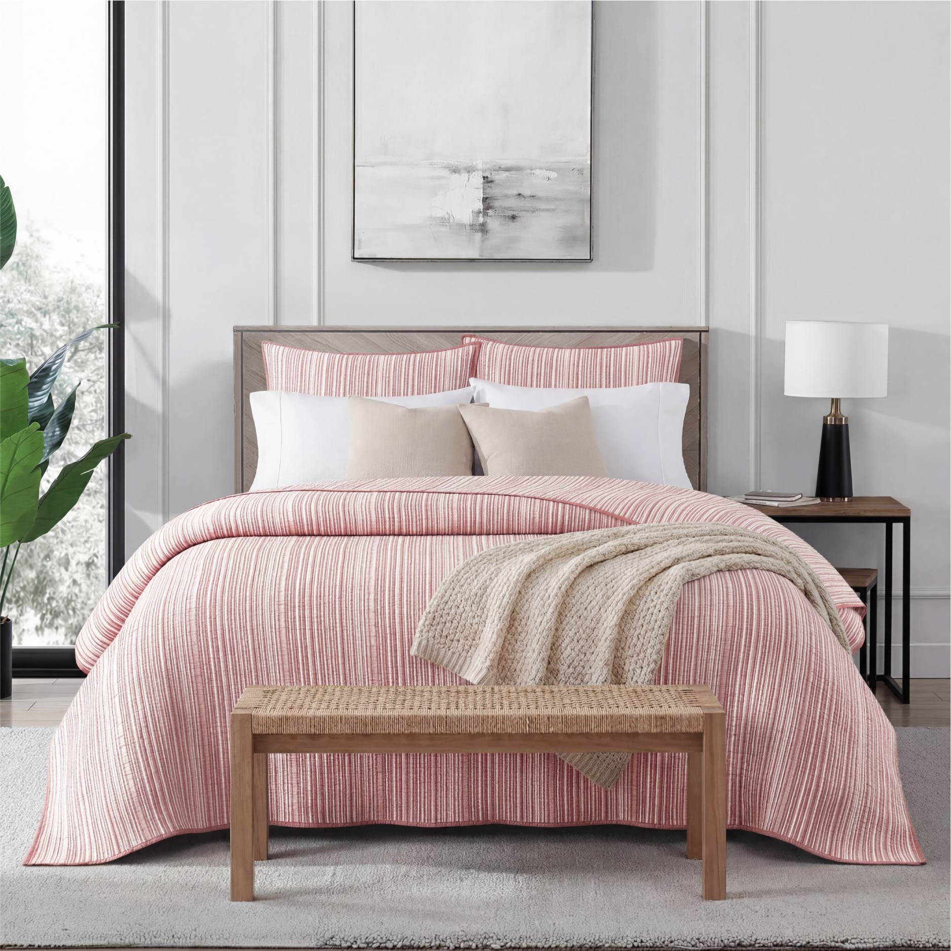 Mainstays Essentials Full/Queen Stripe Quilt, Red Rust Coverlet, Lightweight & Reversible Bedding