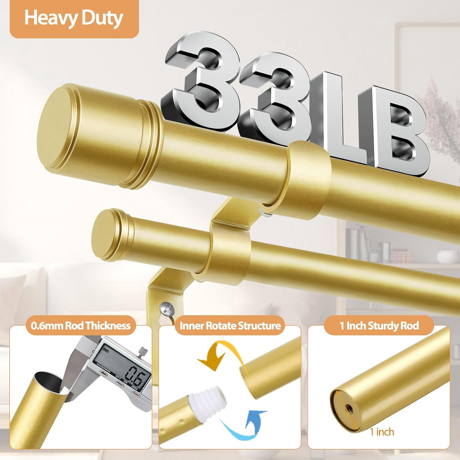 Double Curtain Rod 72 to 144 Inch,  1 Inch Heavy Duty Double Curtain Rods for Windows 60 to 140 Inches(5-11.6 ft), Telescoping Drapery Rod with Simple End Finials, Gold