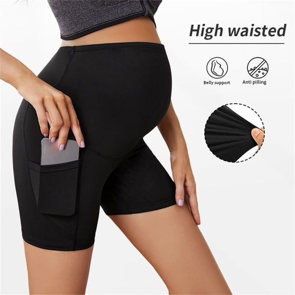 Women's Maternity Yoga Leggings Shorts Over The Belly Bump Summer Pregnancy Tummy Support Buttock Lift Workout Active Short Pants with Pockets Black L