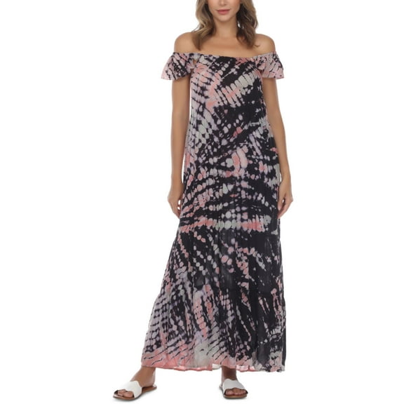 Raviya Women's Black Tie-Dye Maxi Cover-up Dress Swimsuit, Medium