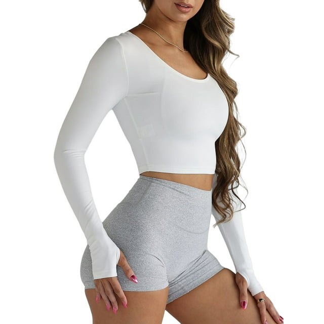 SUNSIOM Femmes à Manches Longues Crop Tops Col Rond Ajusté Serré Chemise Courte de Couleur Unie Tops avec Trou pour le Pouce pour l'Automne Printemps
