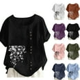 thumbnail image 6 of ZACPNCV Womens Floral Print Linen Blend Short Sleeve Button Up Shirt Casual Round Neck Top Lightweight Breathable Loungewear, 6 of 6