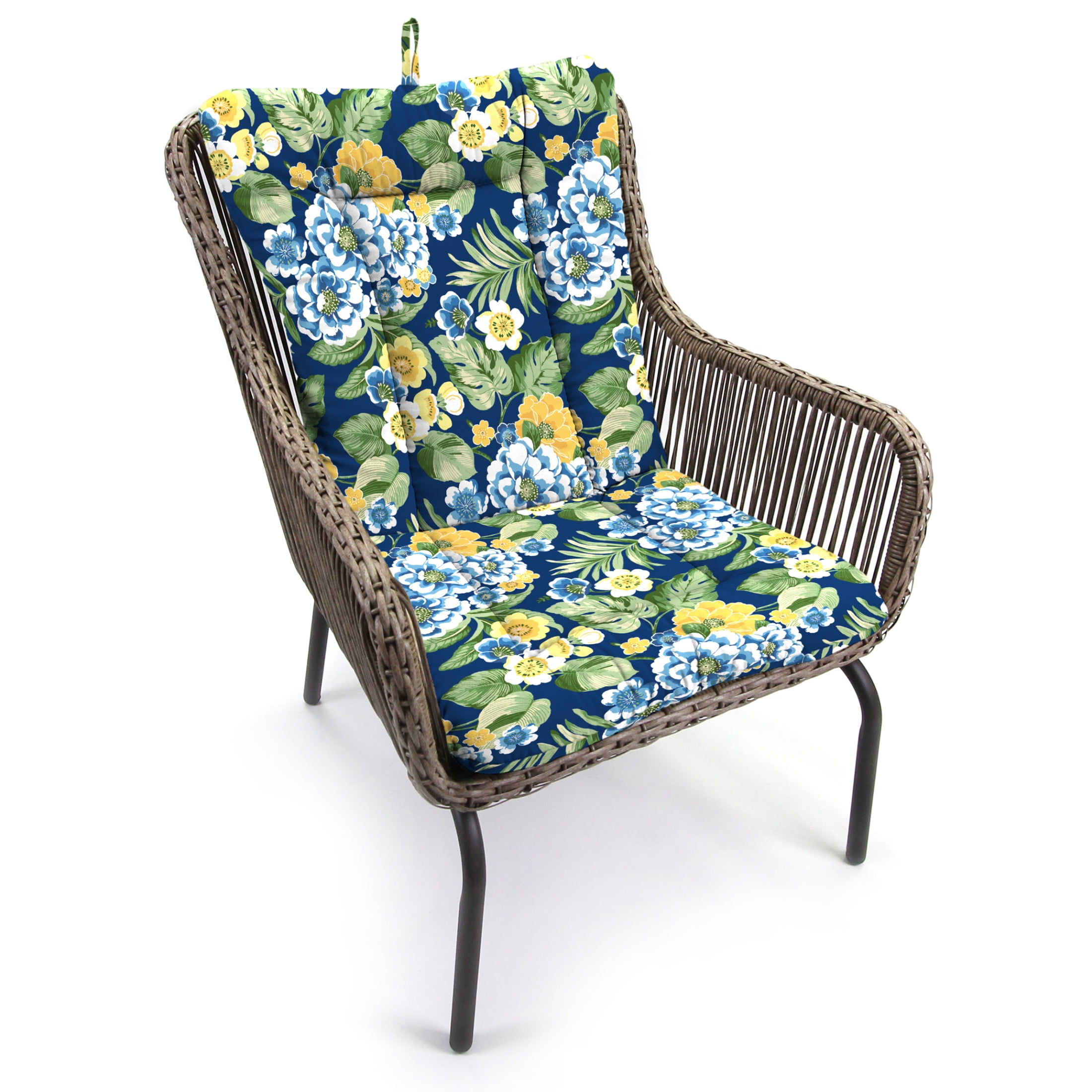 Jordan Manufacturing 38" x 21" Binessa Lapis Blue Floral Rectangular Outdoor Wrought Iron Chair Cushion with Ties and Hanger Loop