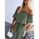 thumbnail image 2 of Women's Off-Shoulder Ruffled Sleeve Jumpsuit with Tied Waist & Pockets - Lightweight Olive Green Casual Romper for Spring/Summer, Regular Fit, 2 of 4