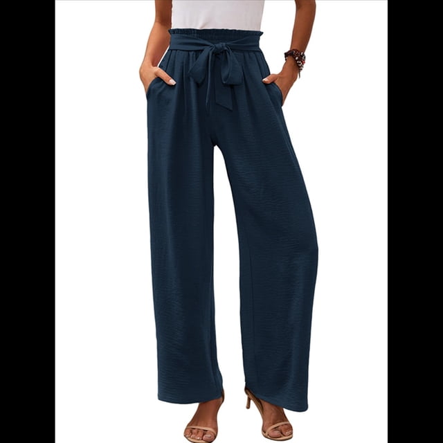 Pantalones de Salón Anchos para Mujer con Bolsillos, Cintura Alta, Ajustables, con Nudo y Holgados. Azul Marino L
