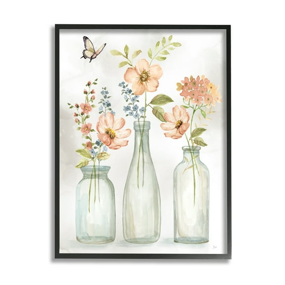 Stupell Pink Blossoms Butterfly Arrangement Botanical & Floral Painting Black Framed Art Print Wall Art