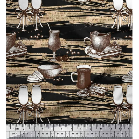 Soimoi Black Cotton Voile Fabric Wine Glass & Cup Kitchen Print Fabric by the Yard 42 Inch Wide