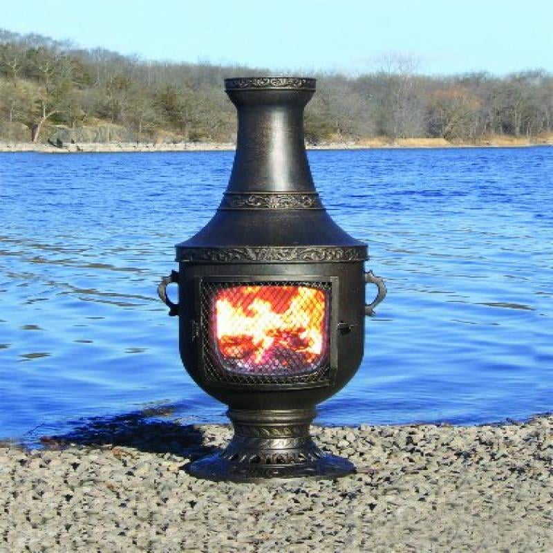 The Blue Rooster Cast Aluminum Venetian Chiminea with Gas in Gold Accent by