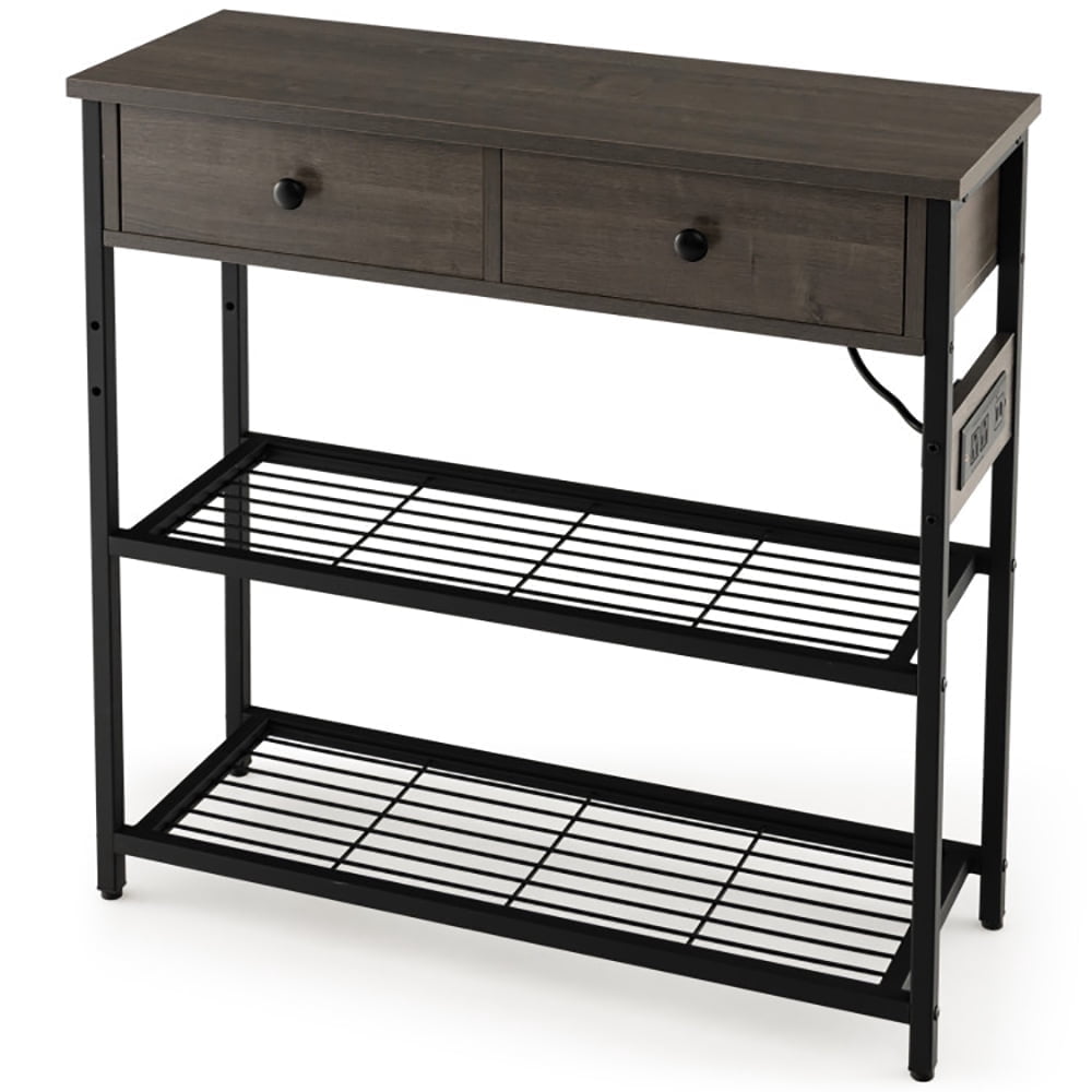 Resenkos Narrow Console Table with 2 Drawers and 2 Metal Mesh Shelves-Gray, Narrow Console Table, Entryway Hall Table with Shelves for Foyer & Entry Spaces