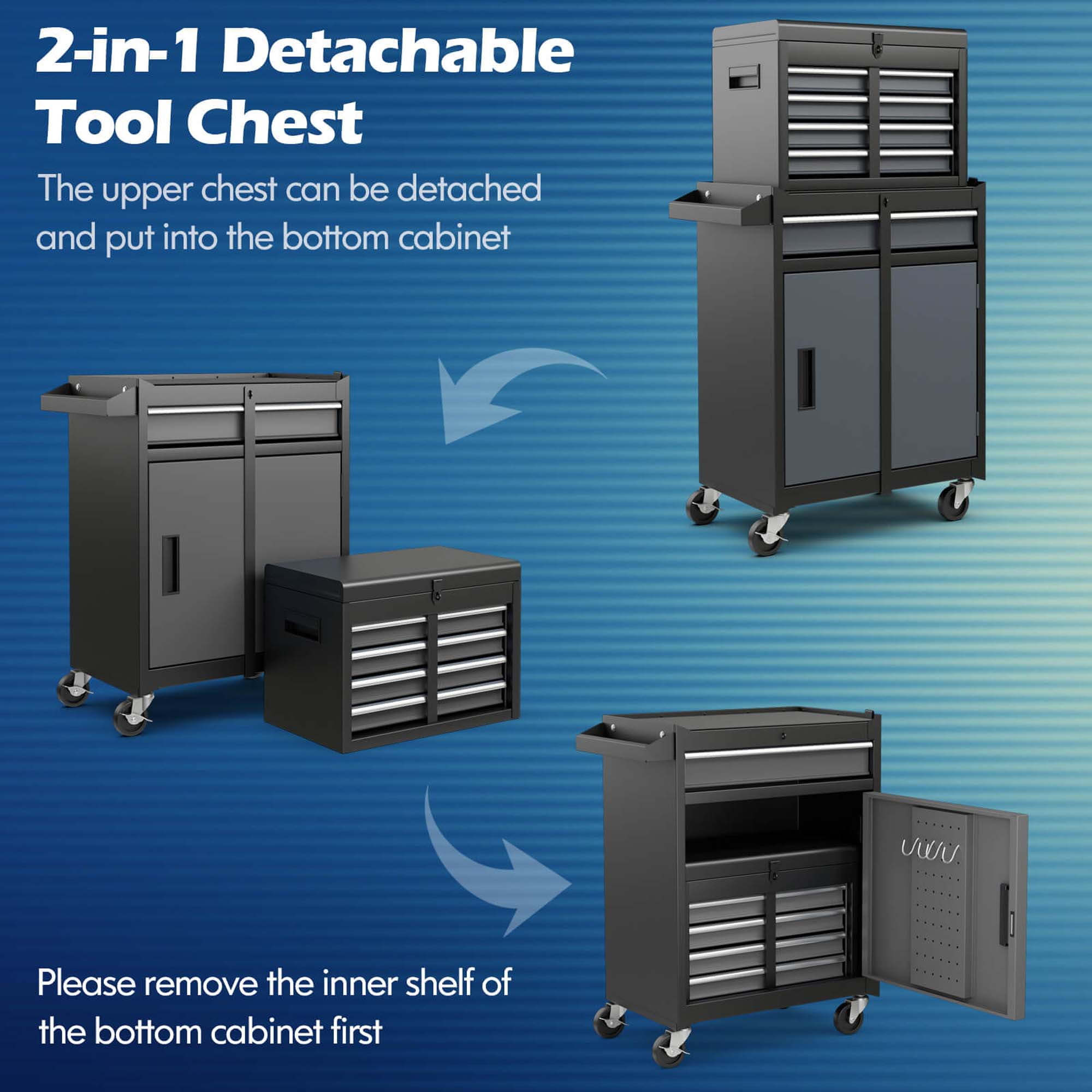 Costway 2 in 1 Tool Chest & Cabinet with Sliding Drawers Rolling Garage Organizer Gray