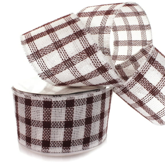 4" Wired Burgundy/White Plaid Burlap Ribbon 10 Yards